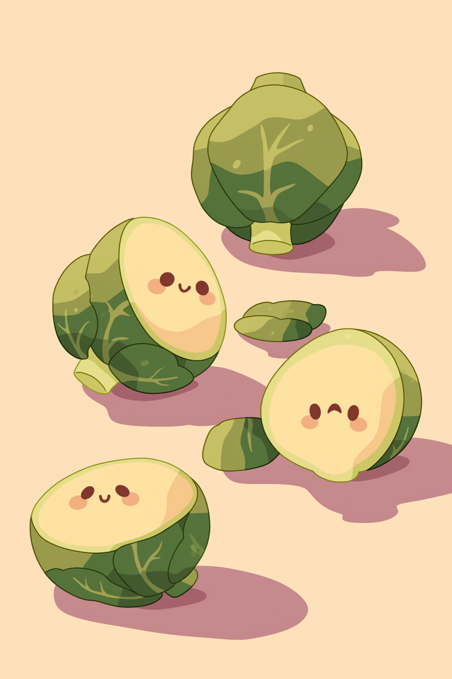 Thanksgiving food drawing ideas featuring cute and playful brussel sprouts with smiling faces and animated expressions, adding a whimsical touch to holiday decorations.